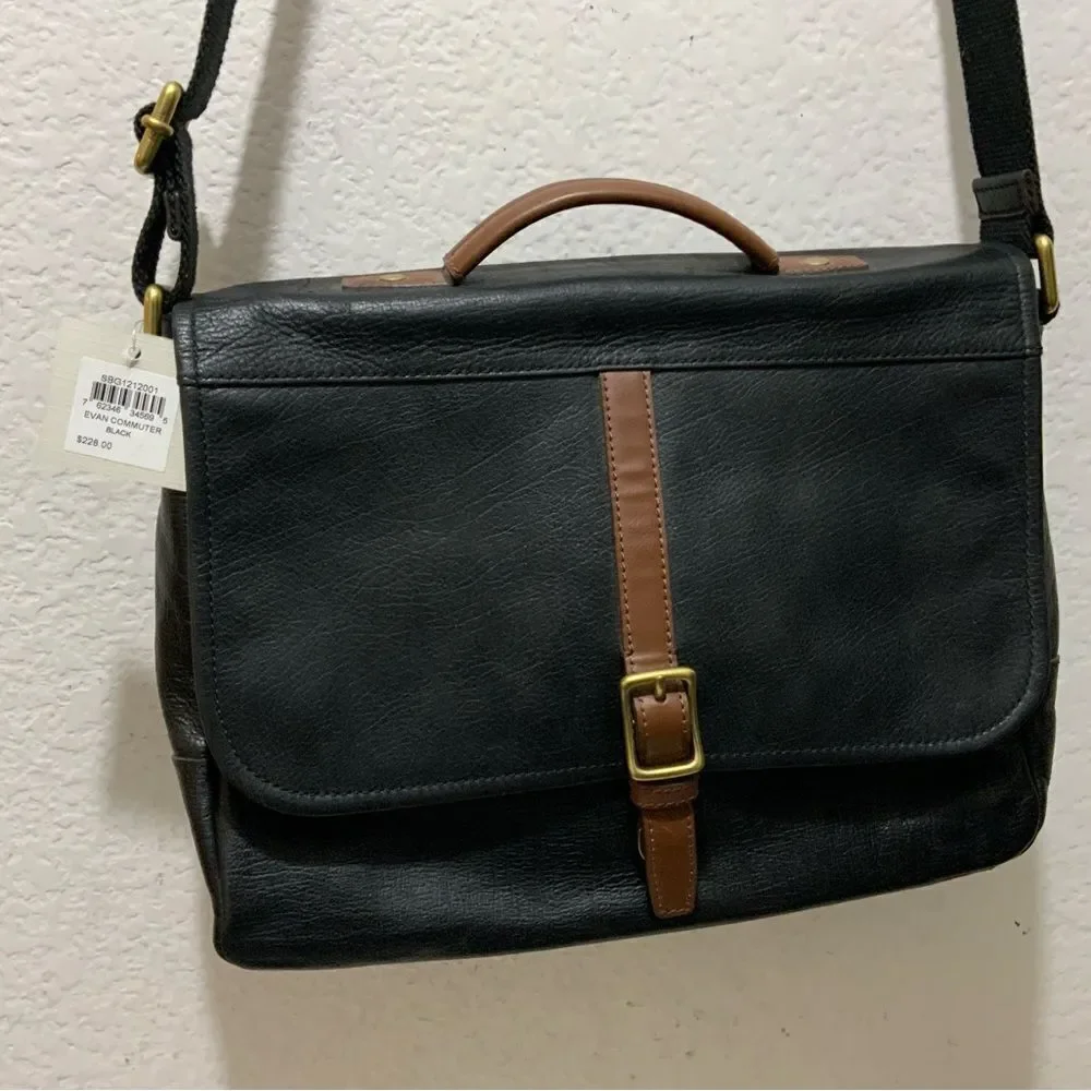 Fossil Black Leather Evan Commuter Satchel Messenger Bag New